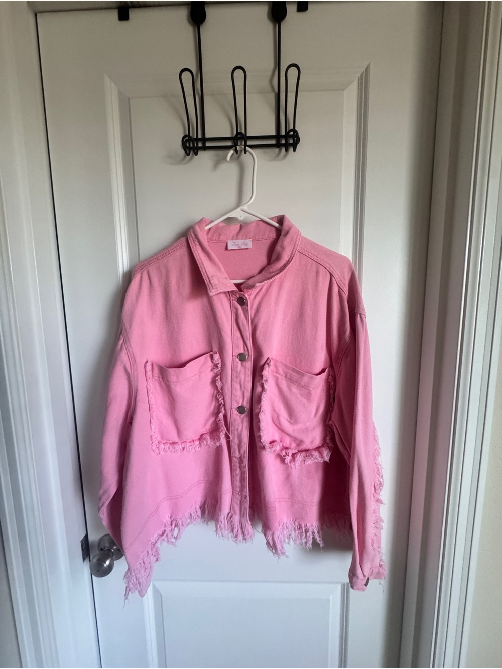 Pink Lily Pink Distressed Raw-Edge Jean Jacket